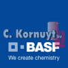 Het BASF logo. Met als slogan "We create chemistry"